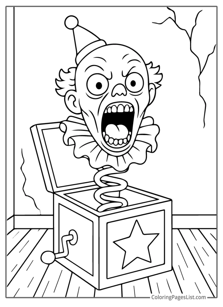 Evil Clown Bursting From Horror Filled Jack In The Box Coloring Page
