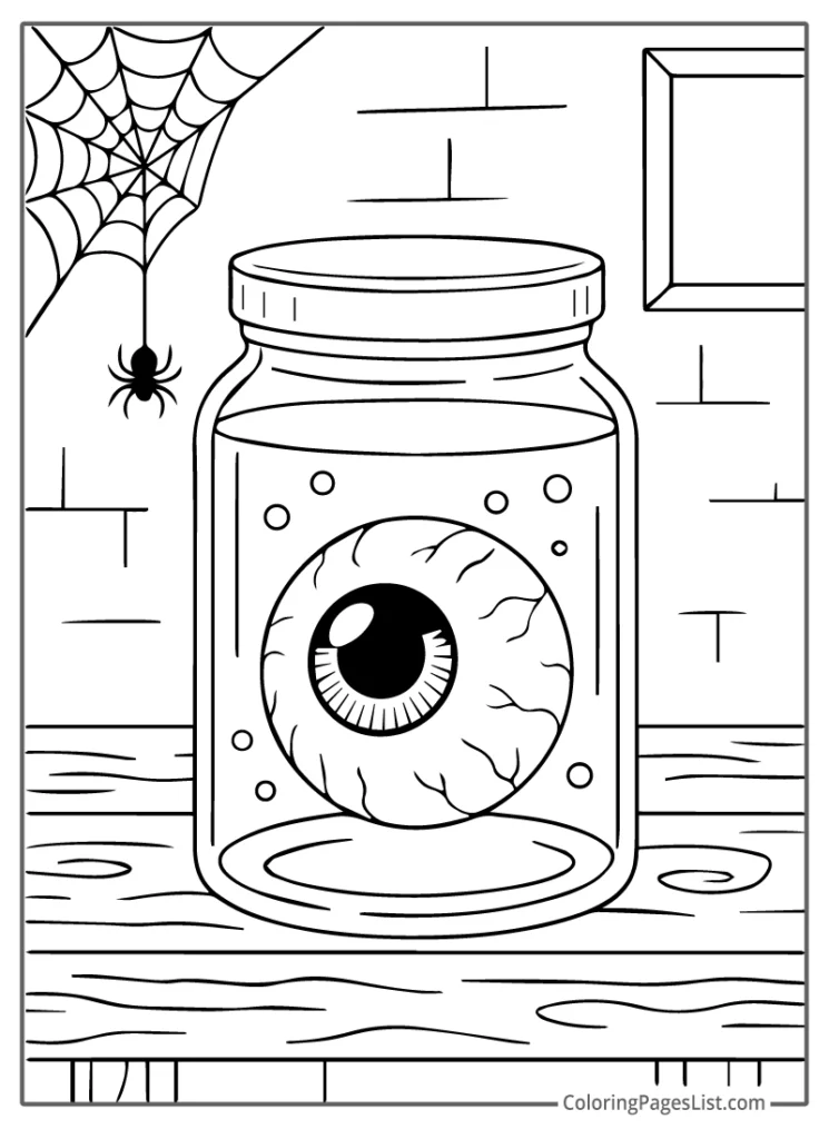 Eyeball Floating In Jar Beside Horror Spider Web Coloring Page