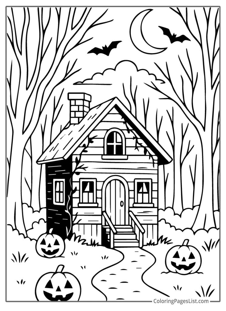 Forest Cabin With Pumpkins And Bats Coloring Page