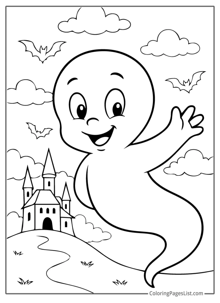 Friendly Ghost Waving Beside a Haunted Castle To Color In