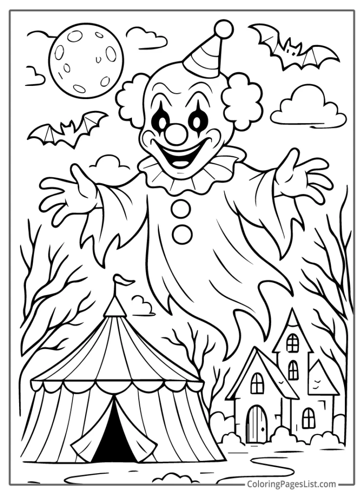 Ghost Clown Floating Over Circus Tent And Haunted House