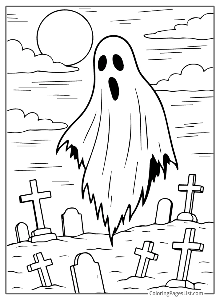 Ghost Floating in a Graveyard Under the Full Moon For Coloring