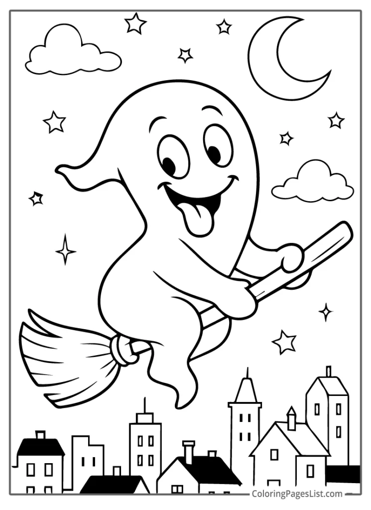 Ghost Flying on Broom Over Town Coloring Page