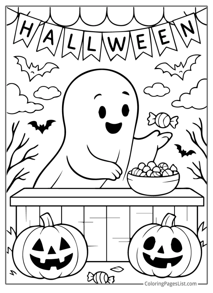 Ghost Handing Out Candy at Booth For Coloring