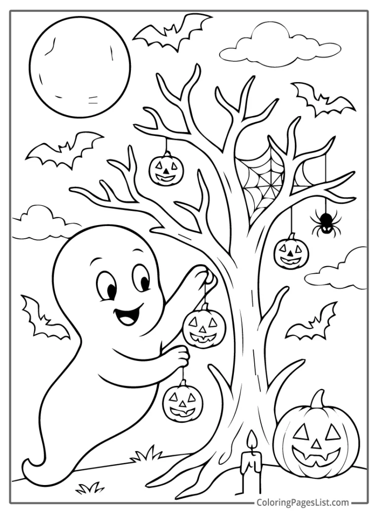 Ghost Hanging Lanterns on Spooky Tree Coloring Page