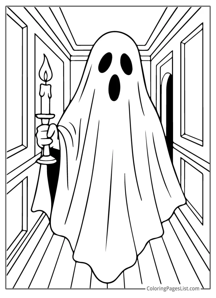 Ghost Holding Candle Walking Through A Horror Hallway