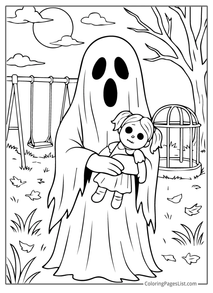 Ghost Holding Doll in Abandoned Playground Coloring Page