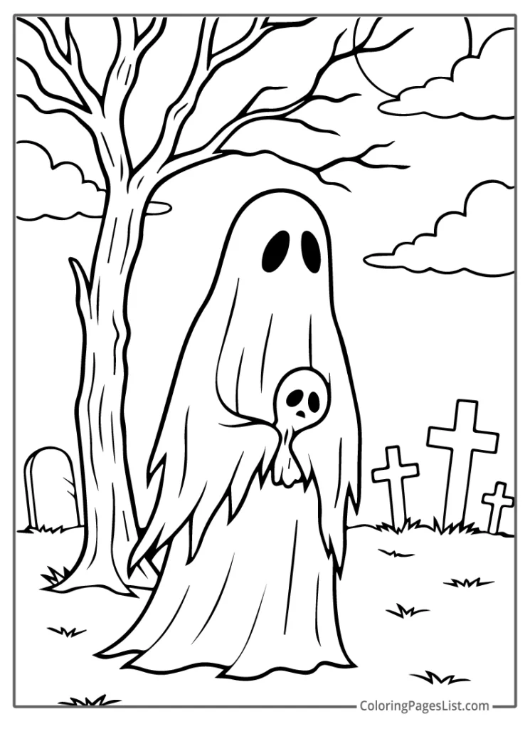 Ghost Holding a Small Skull in a Graveyard Coloring Page