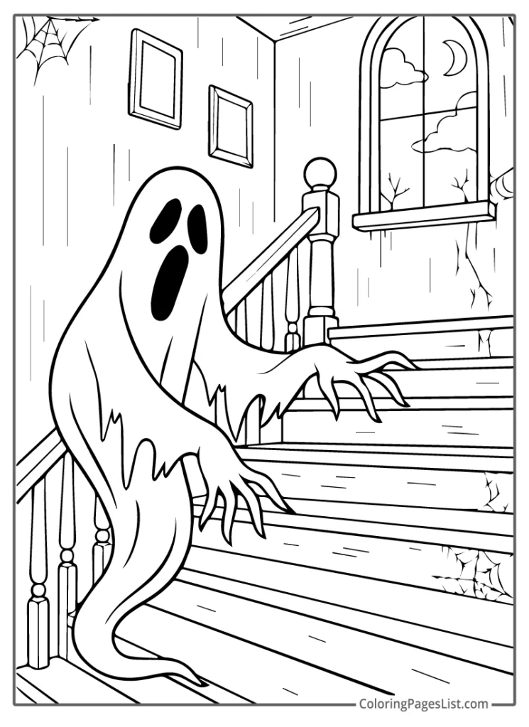 Ghost Lurking on Haunted Staircase Coloring Sheet