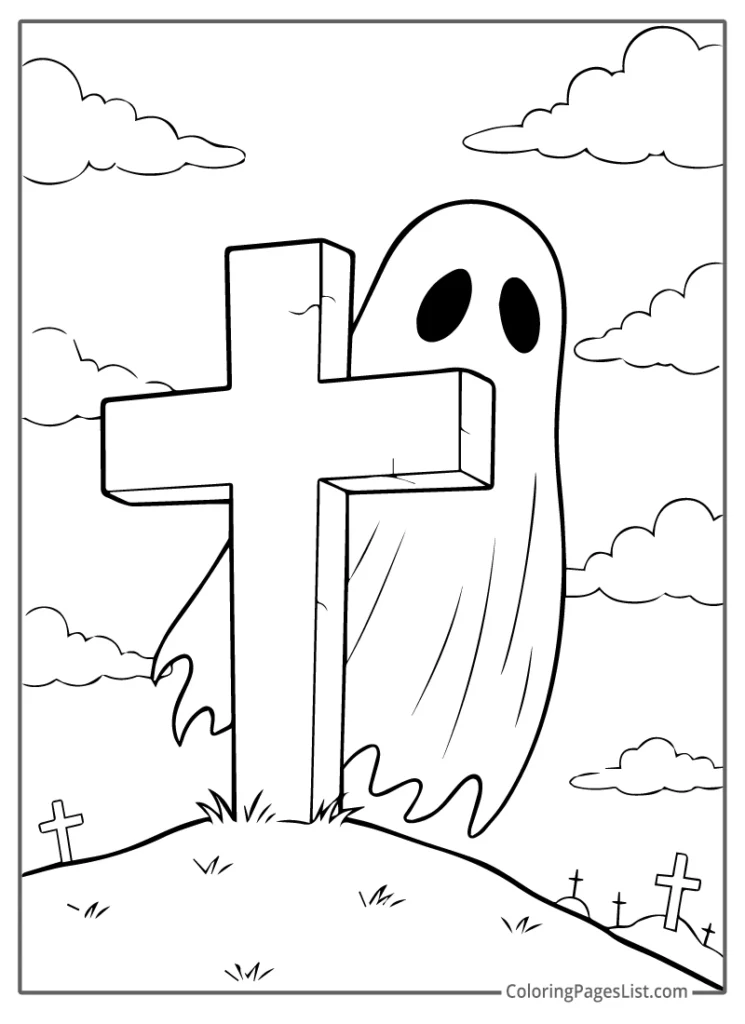 Ghost Peeking From The Cross In The Graveyard For Coloring