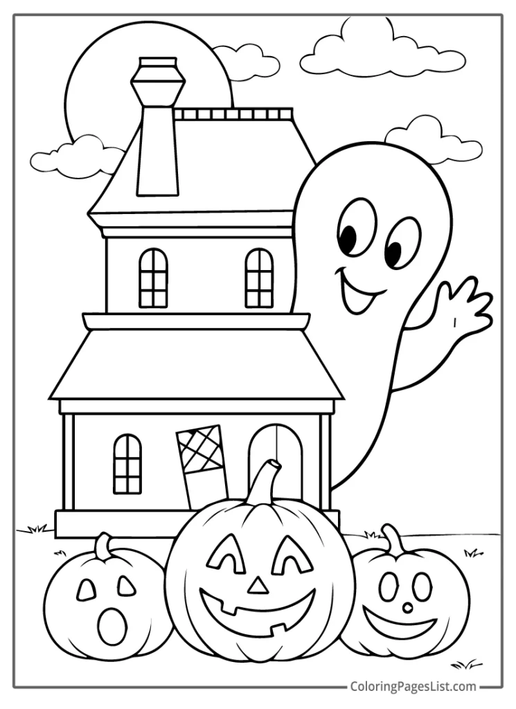 Ghost Waving Behind Haunted House and Pumpkins Coloring Page