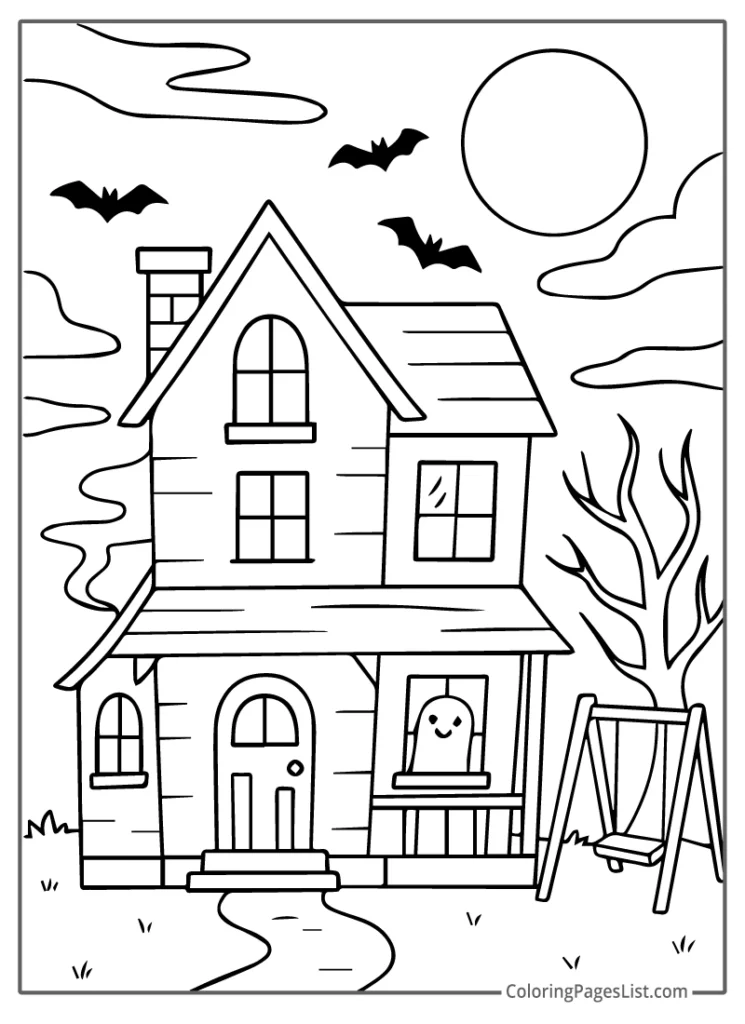 Ghost at the Porch with Swing Coloring Page