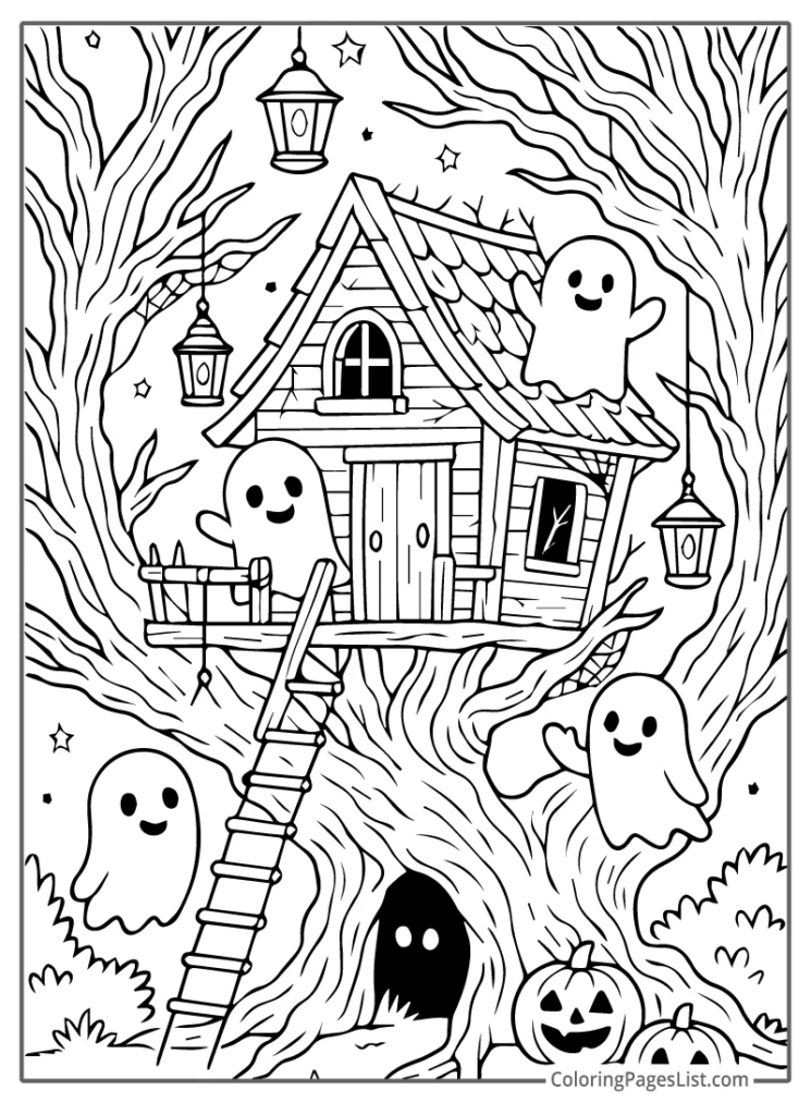 Ghostly Treehouse with Pumpkins and Lanterns