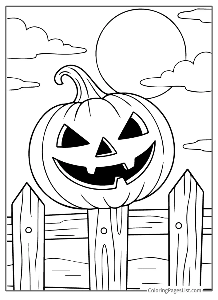 Grinning Pumpkin Watching From A Haunted Fence For Coloring
