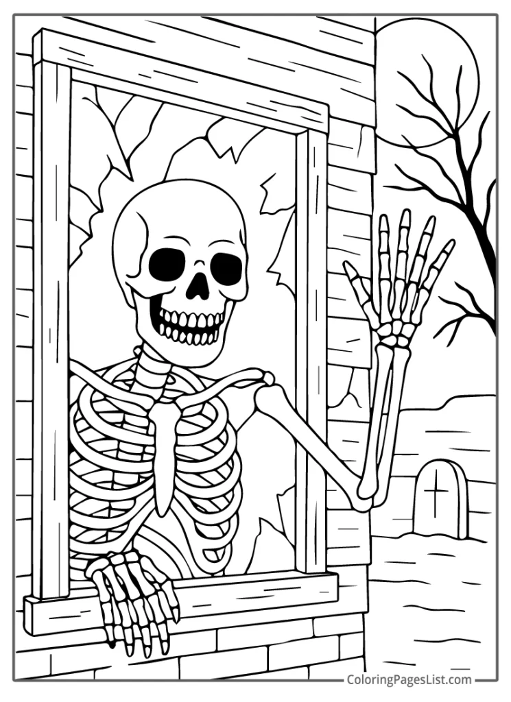 Grinning Skeleton Waving From Window Of Horror House To Color In
