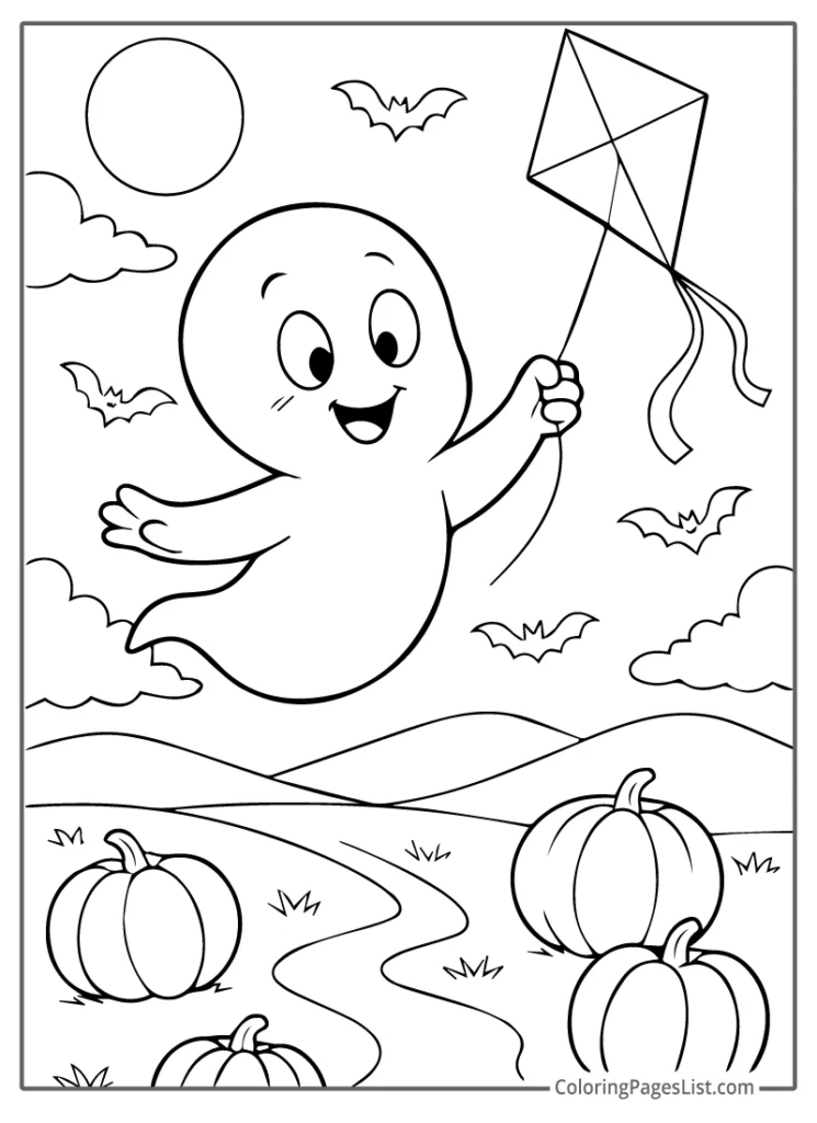 Happy Ghost Flying a Kite Over Pumpkin Field Coloring Page