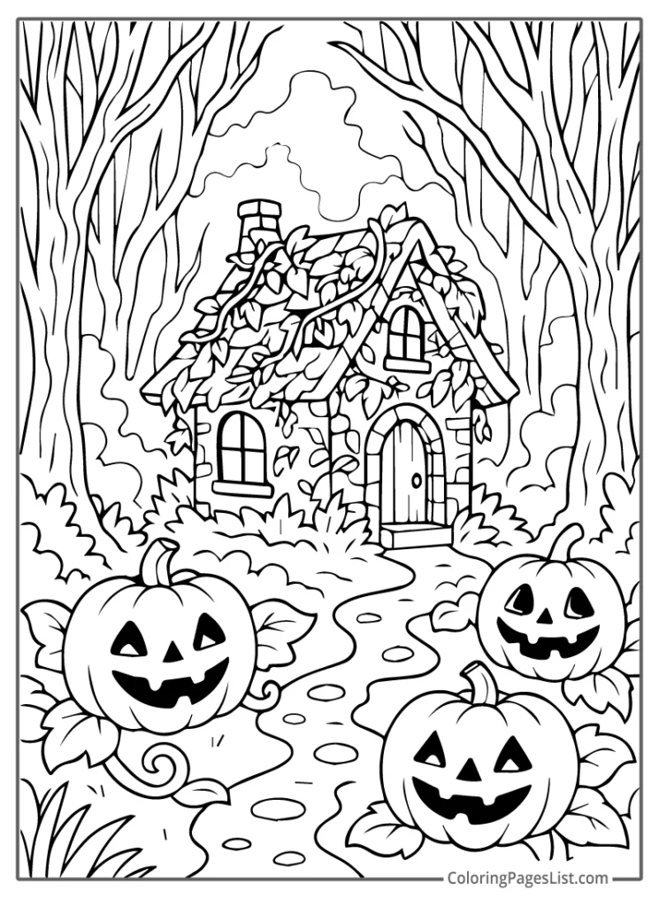 Haunted Cottage with Jack O Lanterns To Color In
