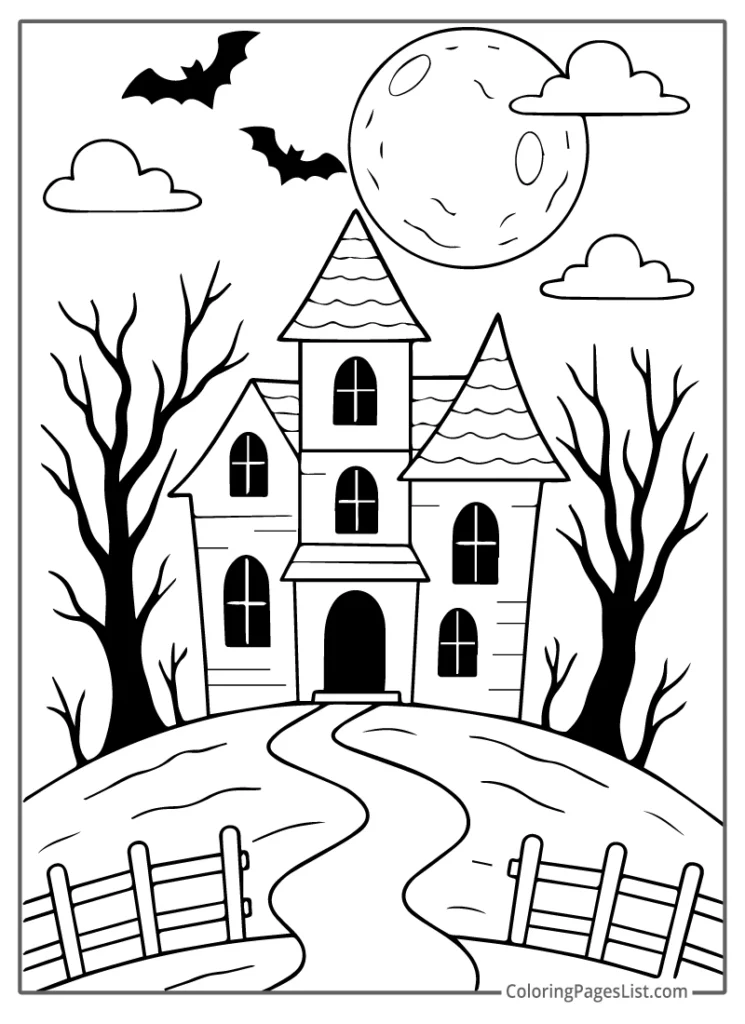 Haunted House On A Hill Under A Horror Filled Full Moon Coloring Page