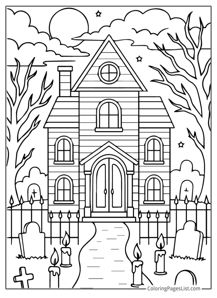 Haunted House With Candles And Graves For Coloring