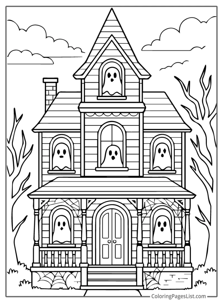 Haunted House With Ghosts In Every Window For Coloring