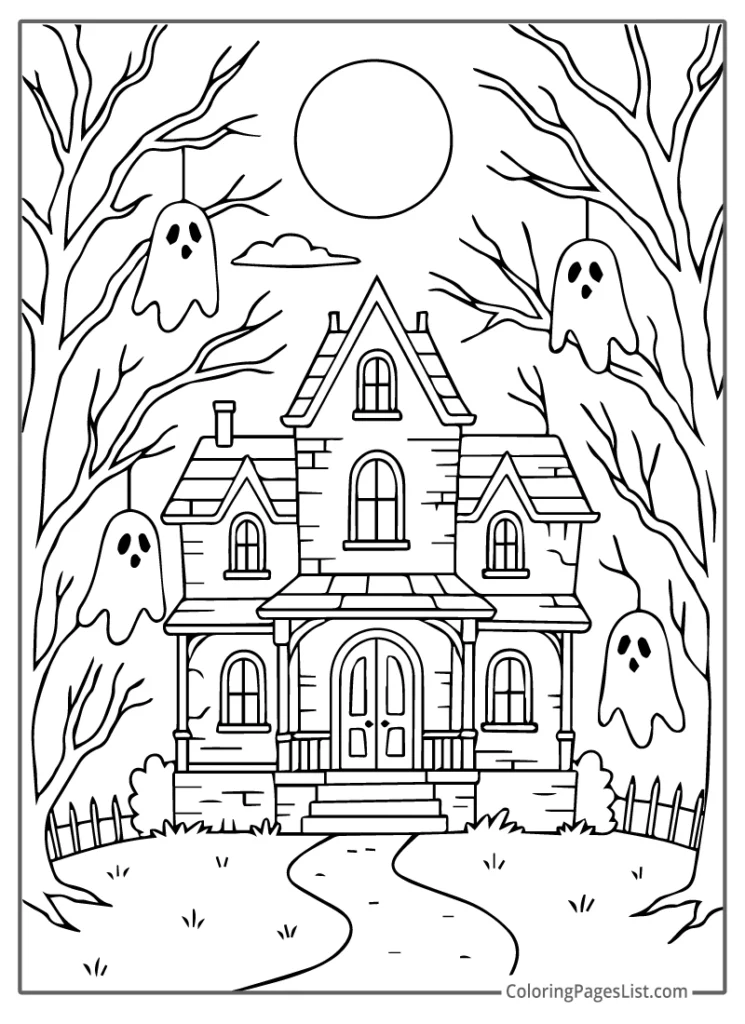 Haunted House With Hanging Ghost Sheets Coloring Page