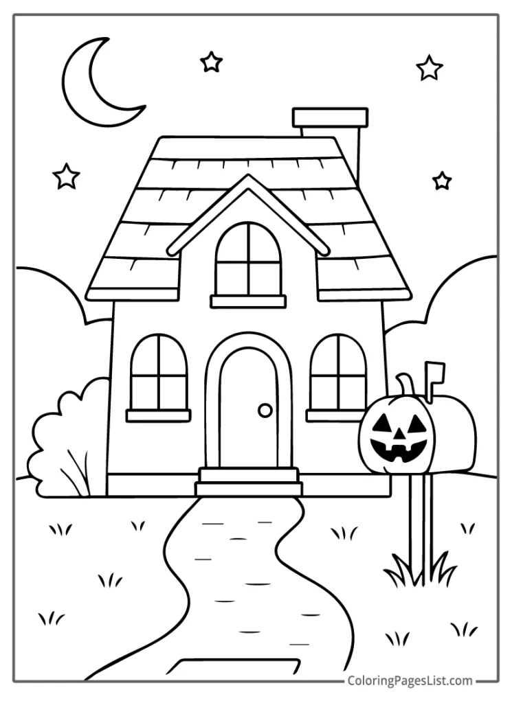 Haunted House With Jack O Lantern Mailbox Coloring Page