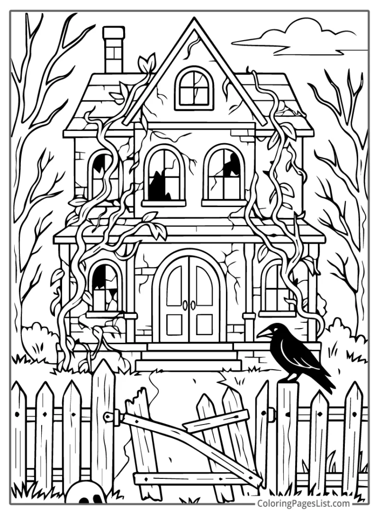 Haunted House with Boarded Door Coloring Page