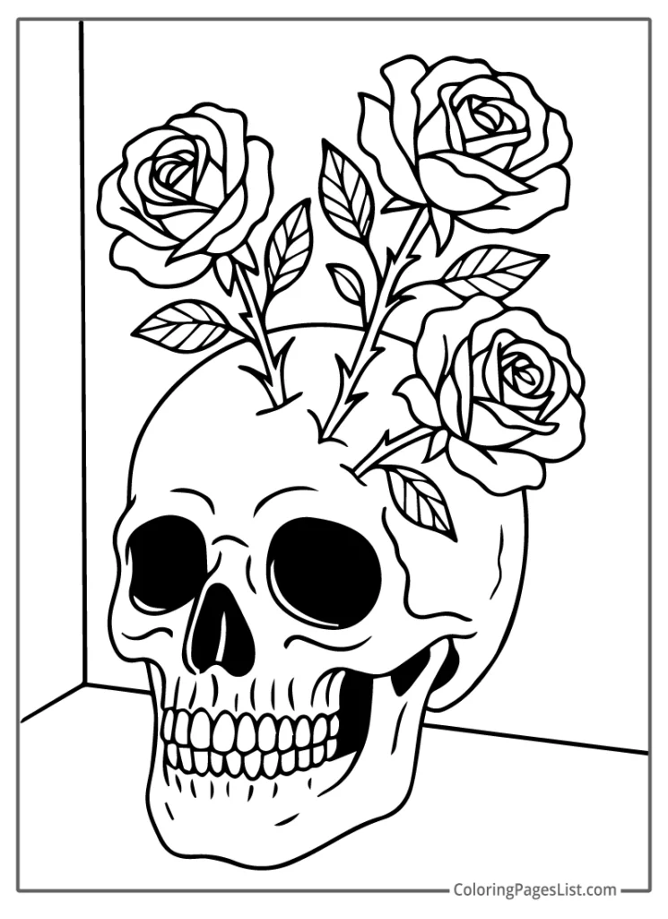 Haunted Skull Blooming With Thorny Roses Coloring Sheet