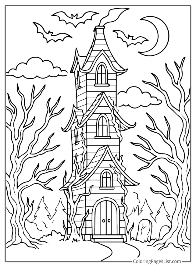 Haunted Tower With Bats And Trees Coloring Sheet
