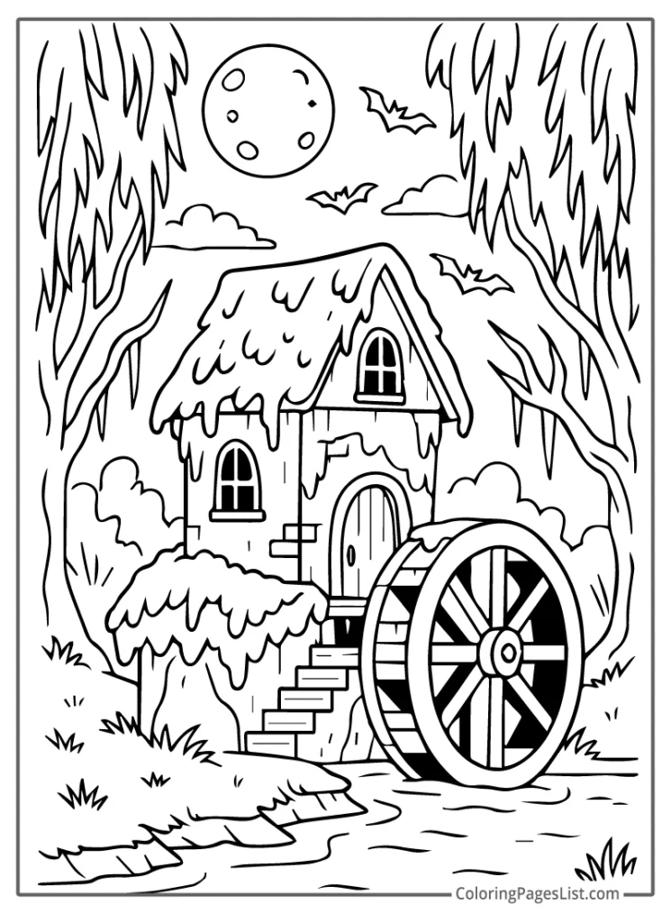 Haunted Watermill by Moonlight For Coloring