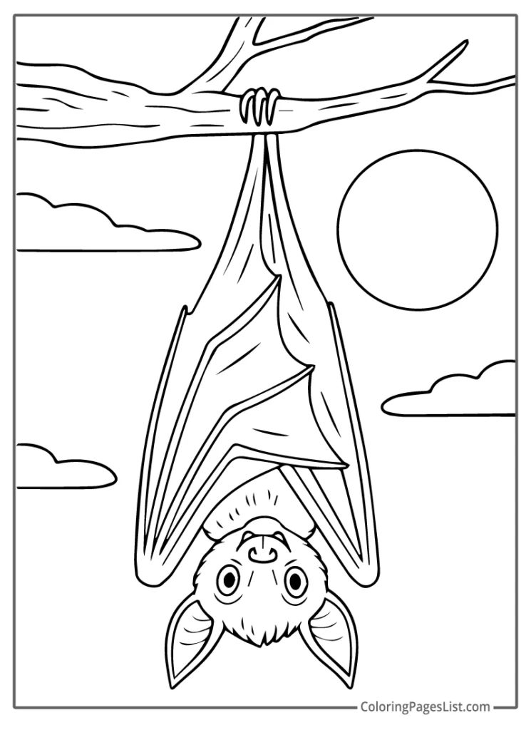 Horror Bat Hanging Upside-Down In The Night Coloring Page