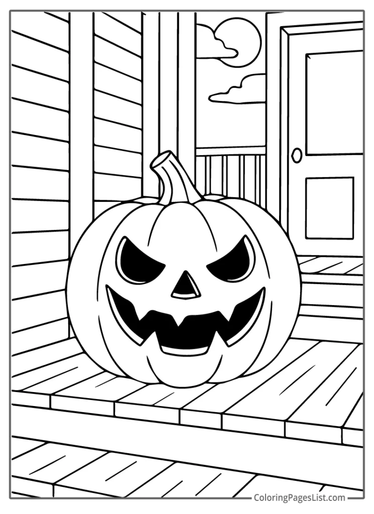 Horror Jack O Lantern Glaring From A Wooden Porch Coloring Page