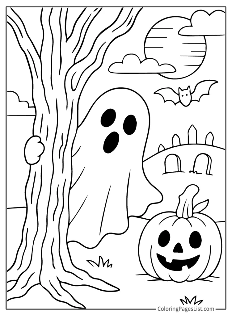 Horror Themed Ghost Hiding Behind Tree With Jack O Lantern For Coloring