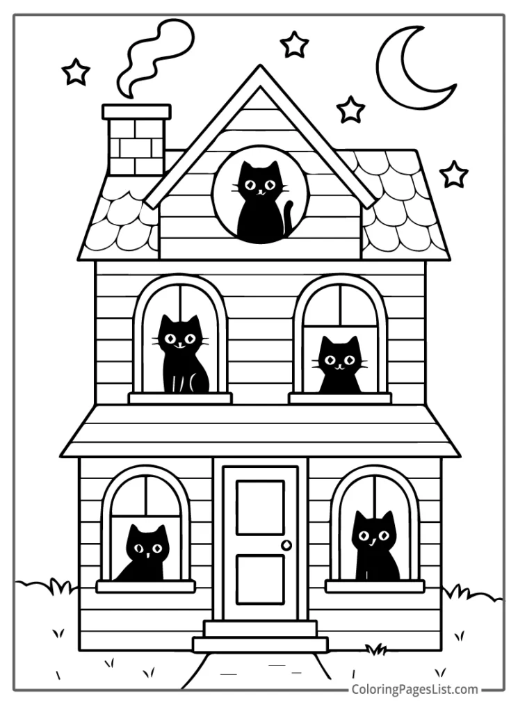 House of Black Cats at Night Coloring Sheet For Kids