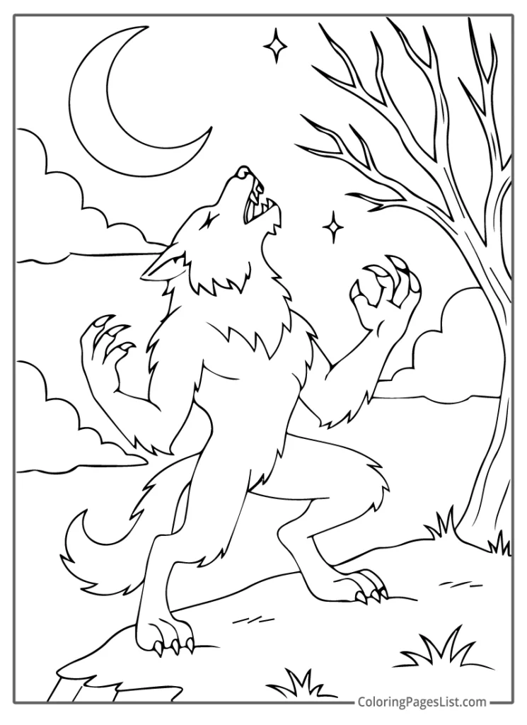 Howling Werewolf Under A Blood Stained Moon To Color In