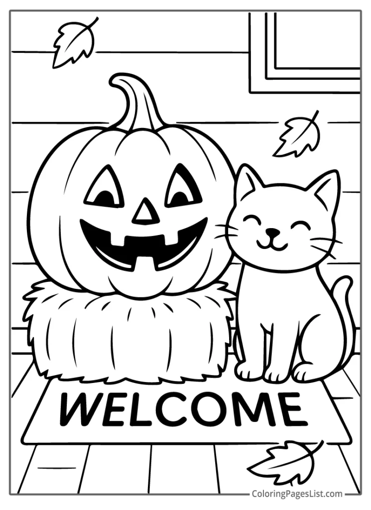 Jack O Lantern And Cat Sitting On Welcome Mat Coloring Page
