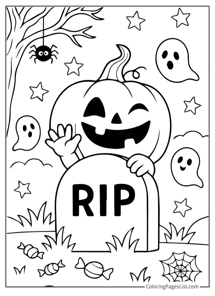 Jack O Lantern Behind Tombstone with Ghosts Coloring Sheet For Kids