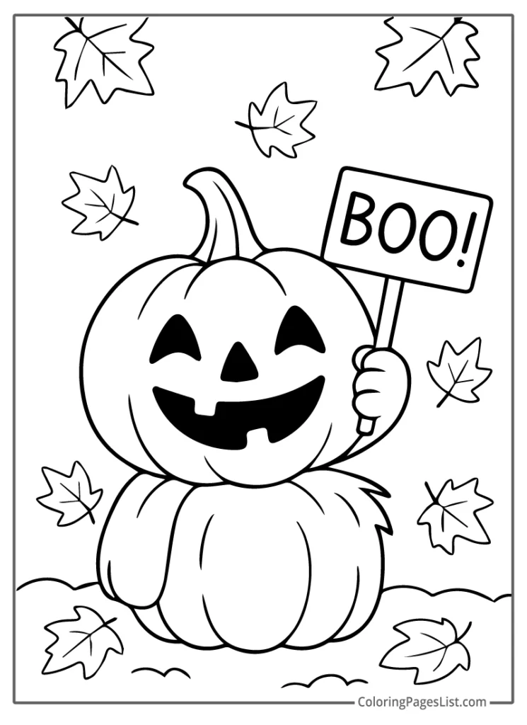 Jack O Lantern Holding Boo Sign Among Falling Autumn Leaves