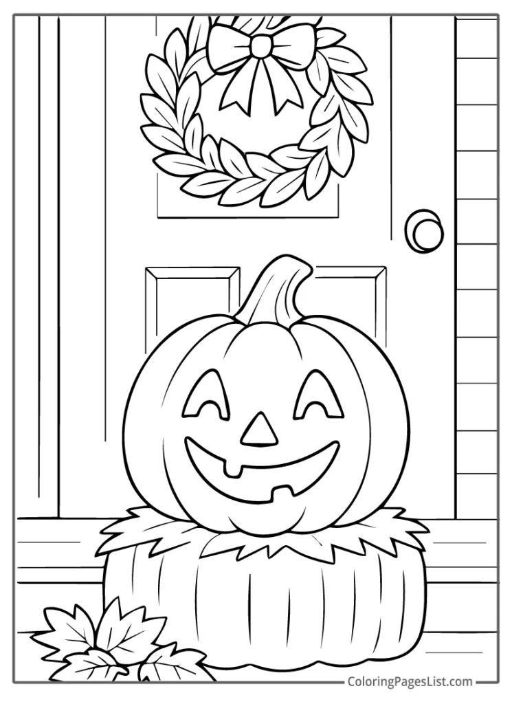Jack O Lantern On Porch With Wreath Hanging On Door