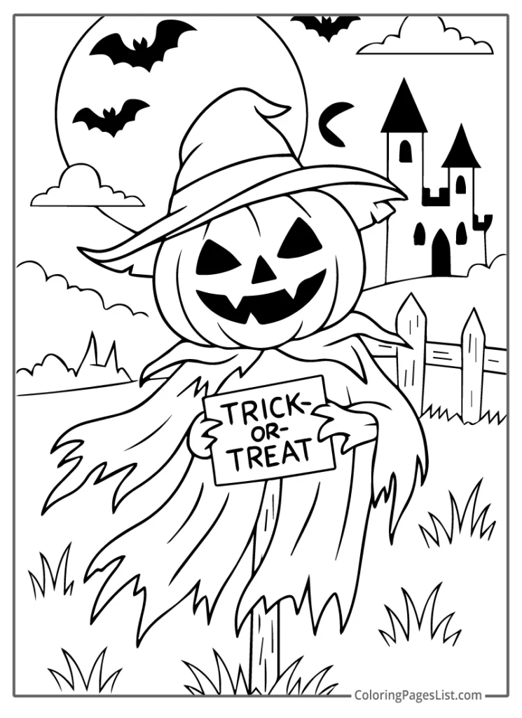 Jack O Lantern Scarecrow With Trick or Treat Sign For Coloring