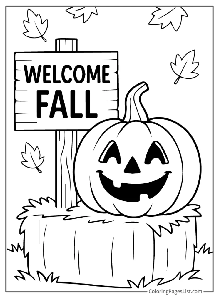 Jack O Lantern Sitting On Hay Bale To Color In