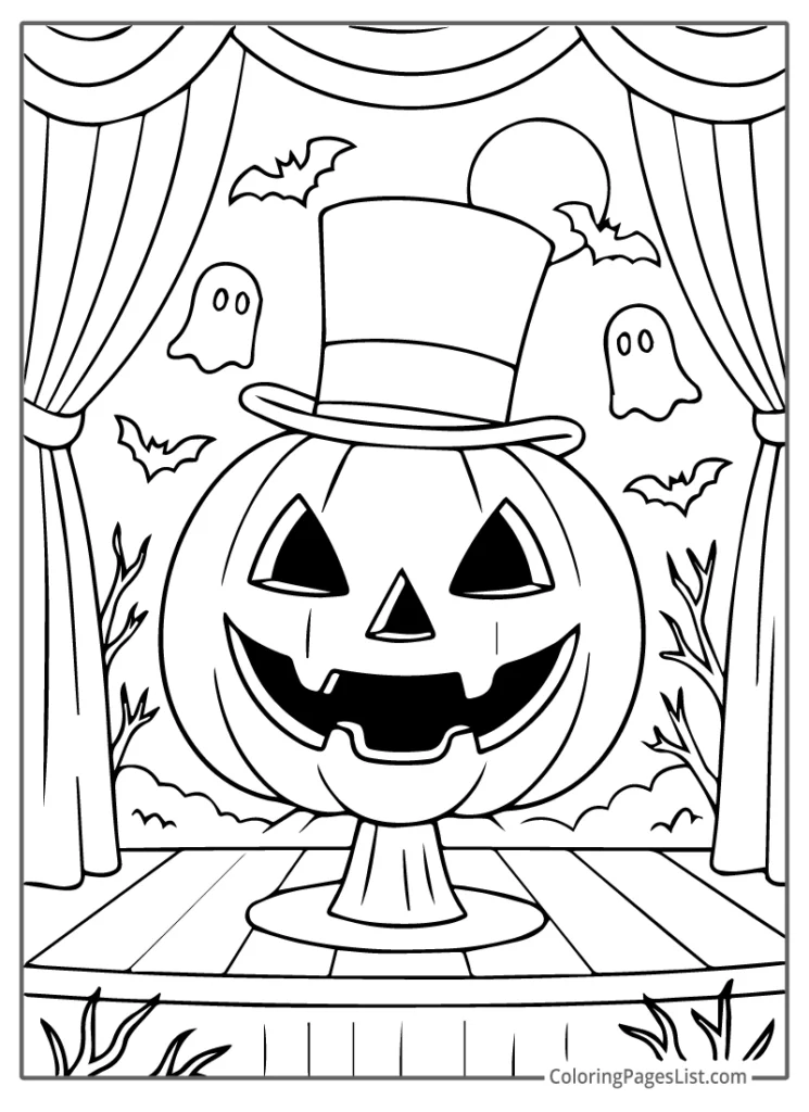 Jack O Lantern Wearing Top Hat on Stage Coloring Page