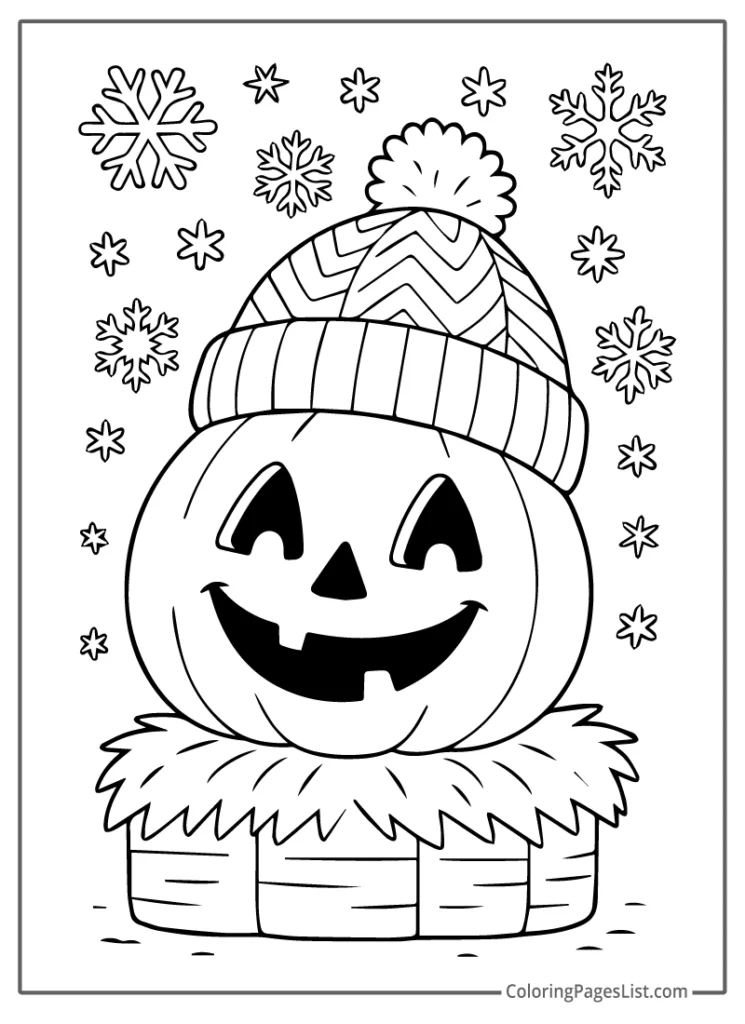Jack O Lantern Wearing Winter Hat Surrounded By Snowflakes
