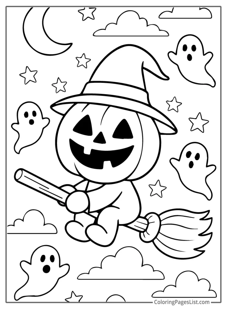 Jack O Lantern Witch Flying with Ghosts Coloring Page