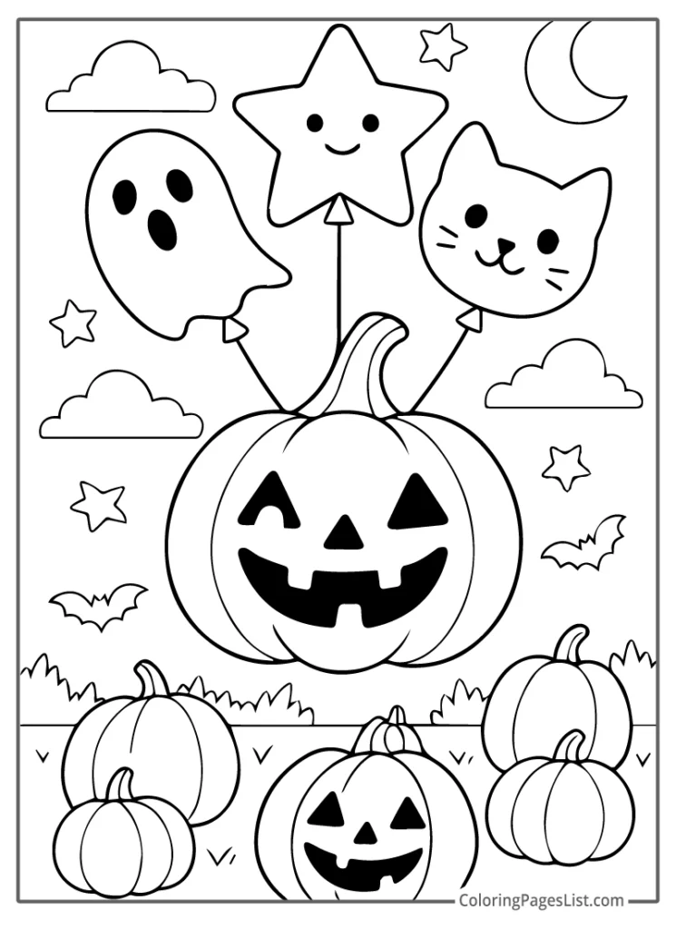 Jack O Lantern With Star Ghost and Cat Balloons