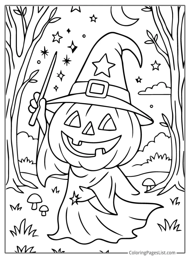 Jack O Lantern Wizard With Wand In Forest Coloring Page