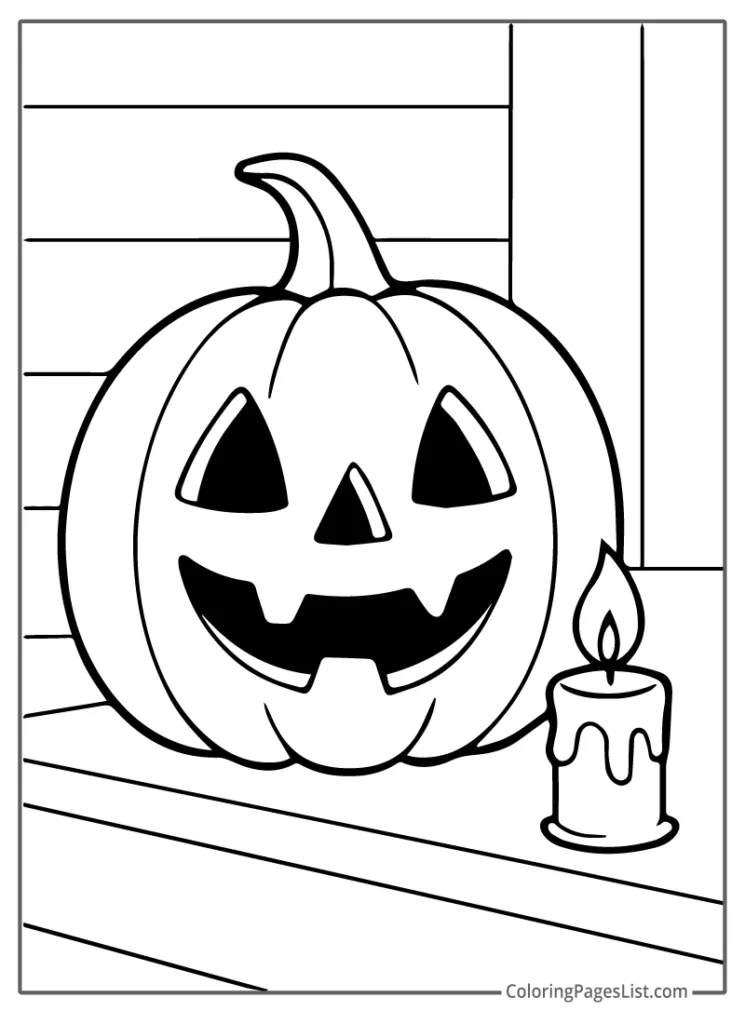 Jack O Lantern and Candle on Porch To Color In