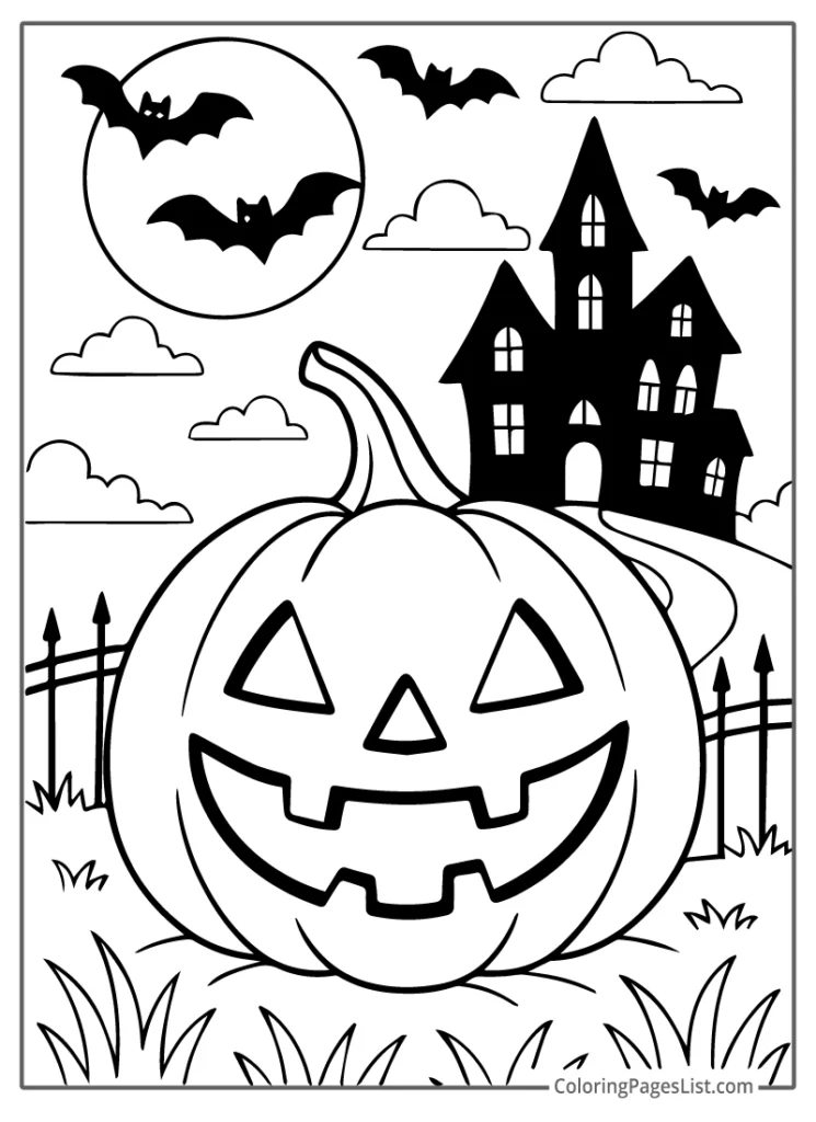 Jack O Lantern in Front of Haunted House For Coloring