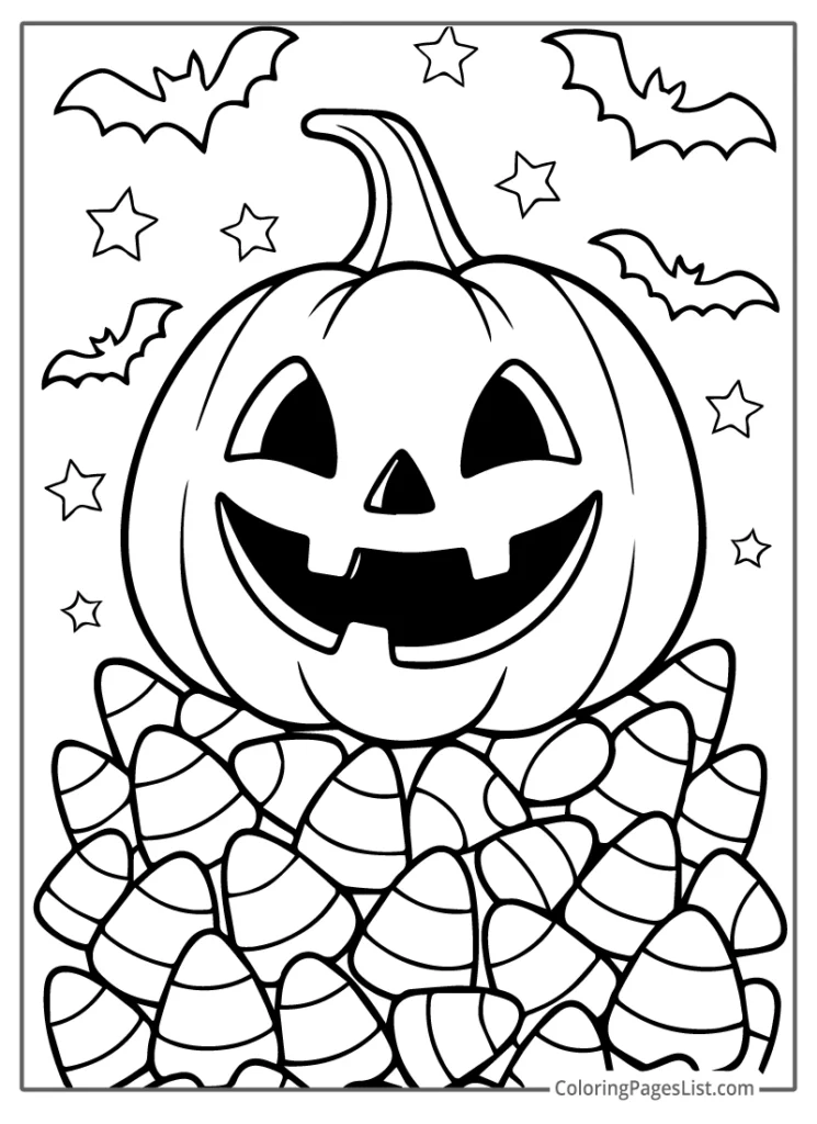 Jack O Lantern on Candy Corn Pile with Bats To Color In