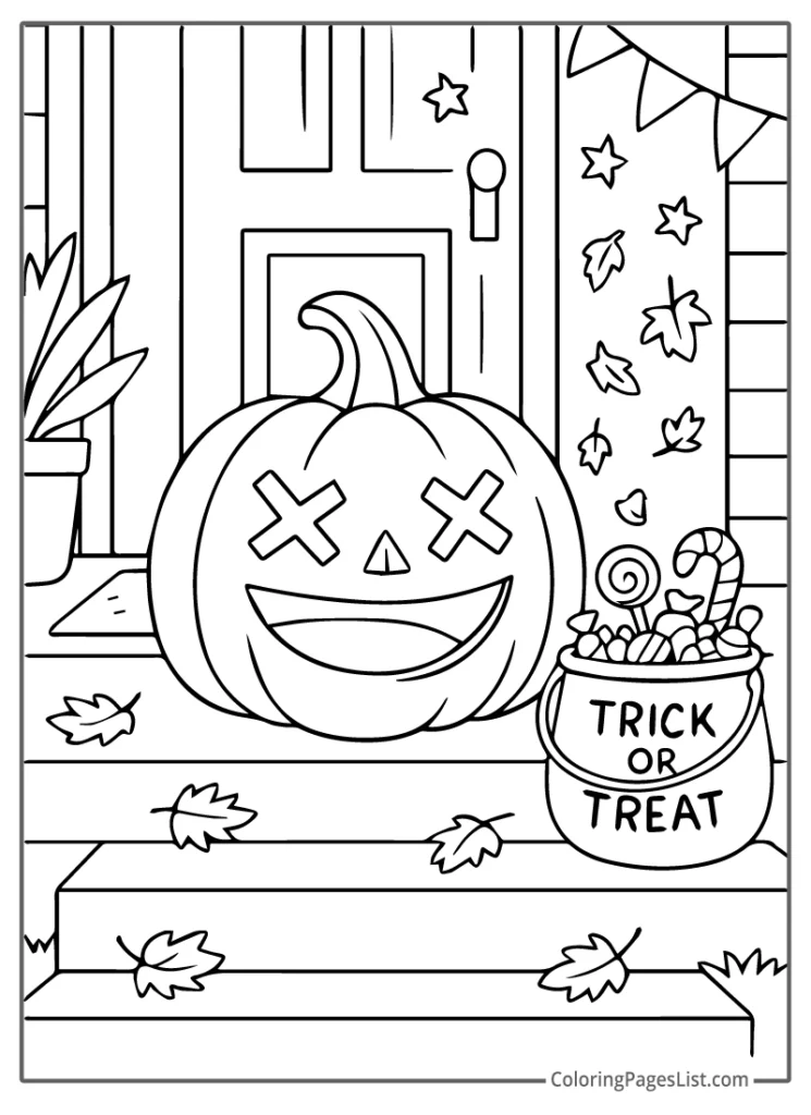 Jack O Lantern on Porch with Trick or Treat Bucket For Coloring